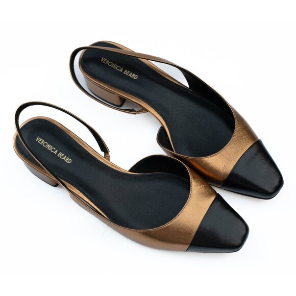 Veronica Beard Cecile Slingback Flats Gold Black Leather Cap Toe 9M Shoes NWOB - Picture 10 of 13